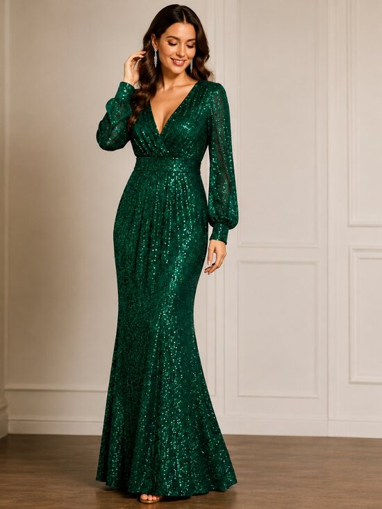 Dresses & Skirts - Green Sequin Maxi Dress Womens Medium Deep V Mermaid Evening Gown